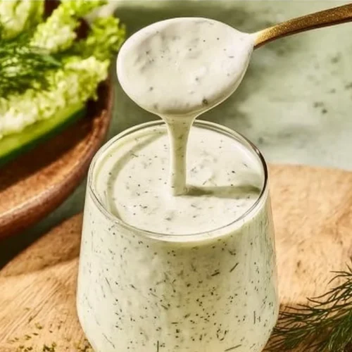 Healthy dill pickle cottage cheese ranch served in a bowl