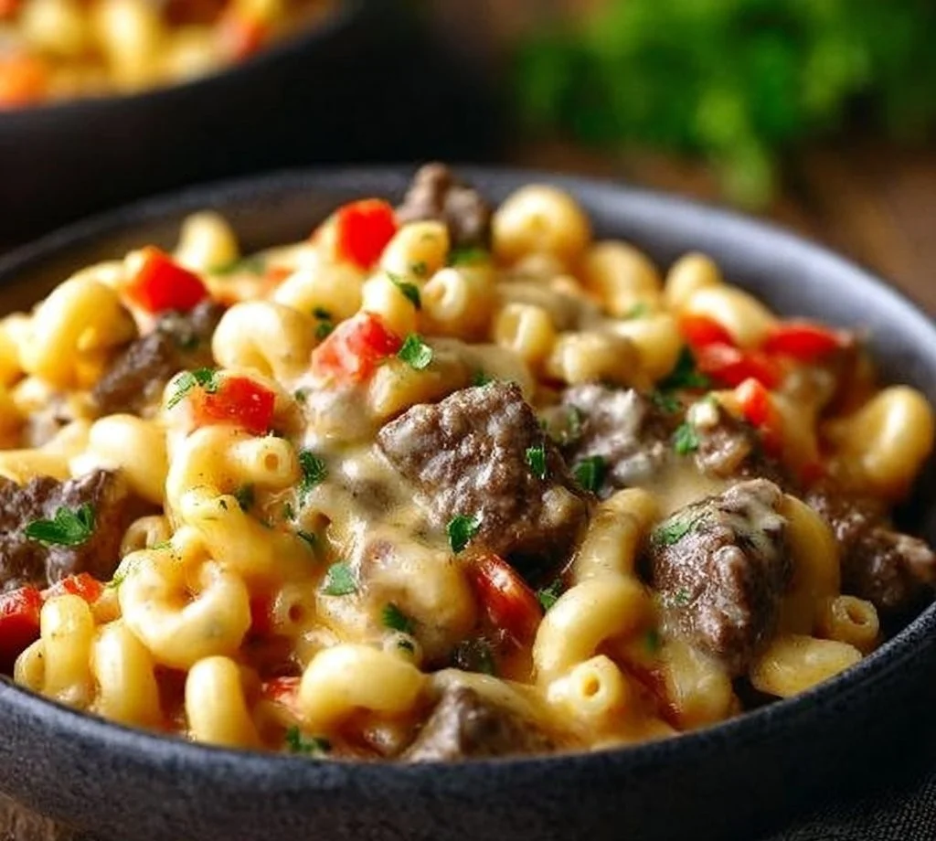 High-protein creamy Philly cheesesteak mac and cheese in a serving bowl