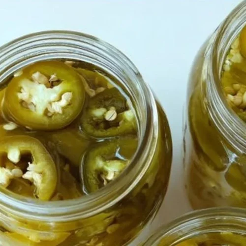 Jar of homemade pickled jalapenos with spices and fresh ingredients
