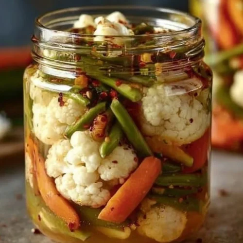 Jars of homemade refrigerator pickled vegetables on a wooden table
