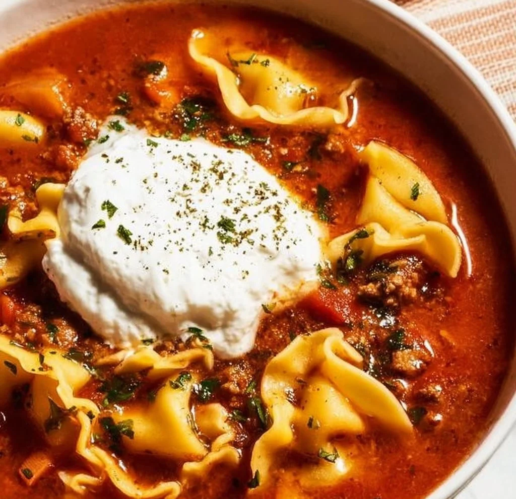 Bowl of delicious Instant Pot Lasagna Soup with cheese and herbs