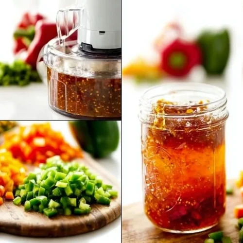Homemade jar of jalapeno jelly with fresh jalapenos and bread