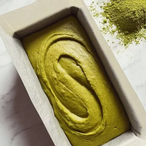 Slice of Japanese Matcha Pound Cake on a white plate with a green tea background