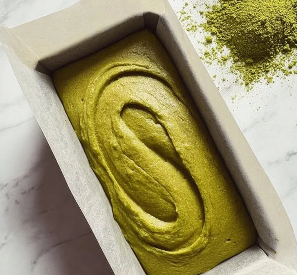 Slice of Japanese Matcha Pound Cake on a white plate with a green tea background