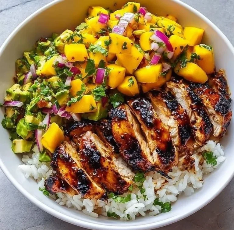 Jerk Chicken Bowls with Mango Salsa and Coconut Rice