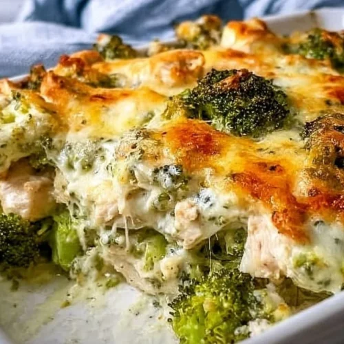 Keto Chicken Alfredo Broccoli Bake topped with cheese and garnished with parsley