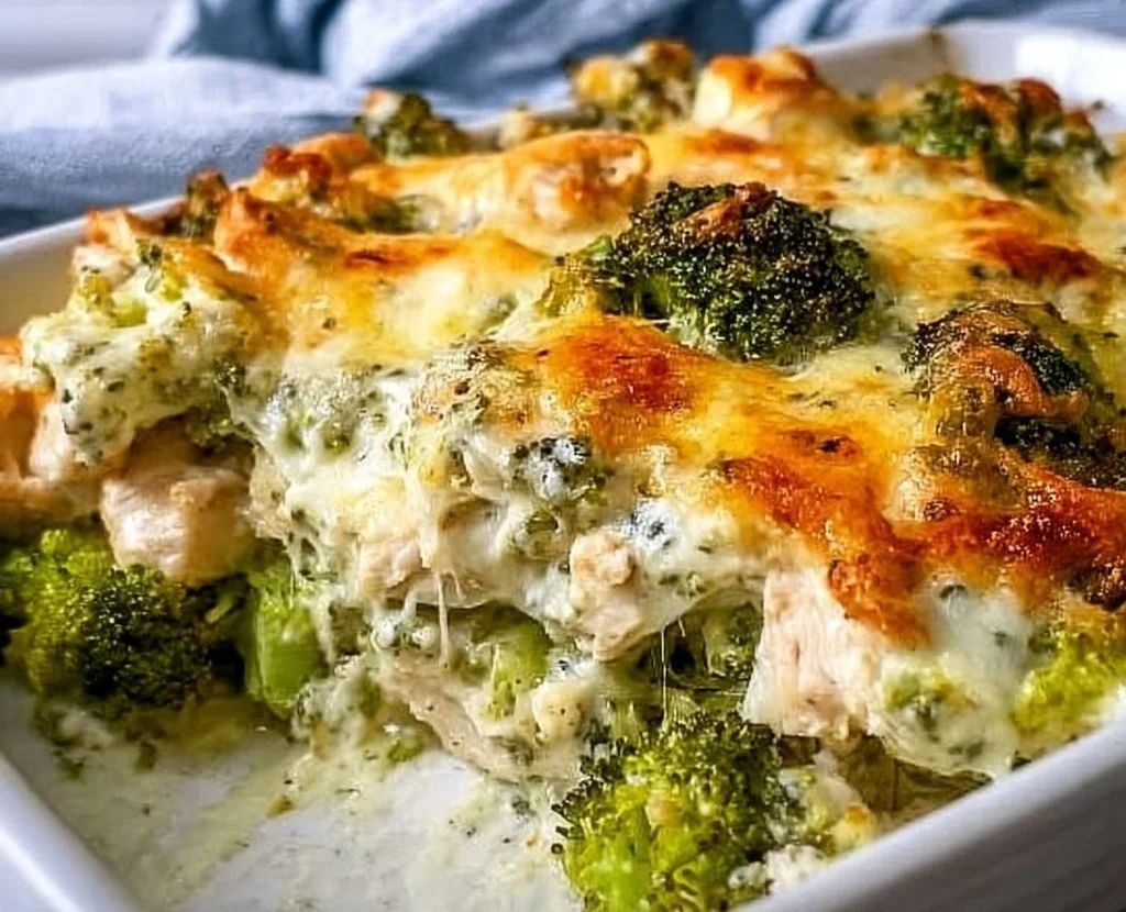 Keto Chicken Alfredo Broccoli Bake topped with cheese and garnished with parsley