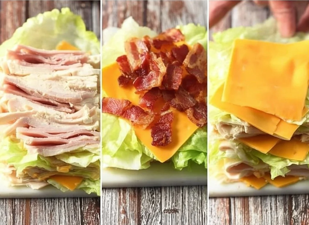 Keto low carb chicken club sandwich stacked with fresh ingredients