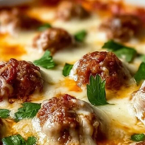 Keto Meatball Parmesan Casserole topped with melted cheese and parsley garnish.