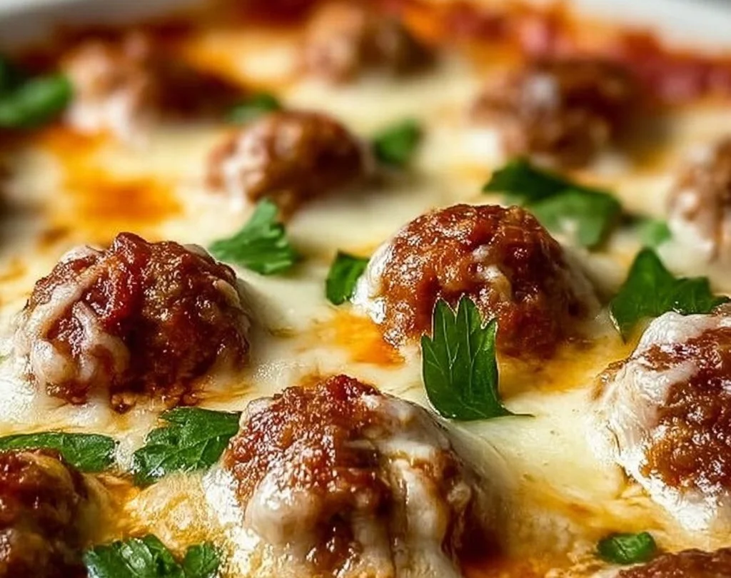 Keto Meatball Parmesan Casserole topped with melted cheese and parsley garnish.