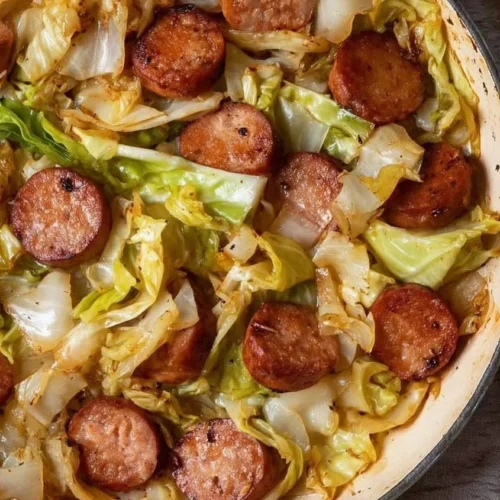 Delicious Keto Sausage and Cabbage Skillet served in a pan