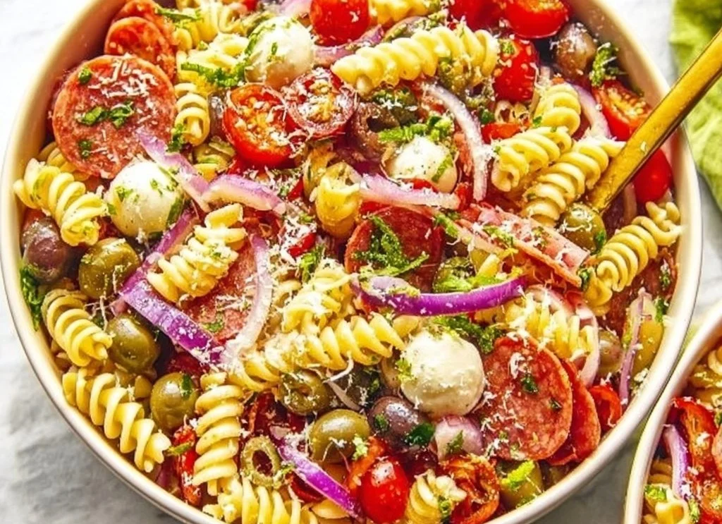 Bowl of legendary pasta salad with fresh vegetables and dressing