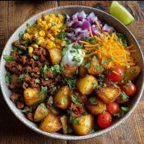 Loaded Potato Taco Bowl with toppings