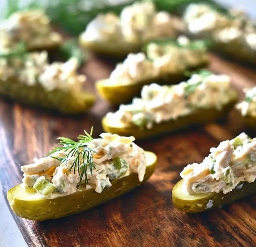 Low Carb Dill Chicken Salad served in pickle boats for a healthy meal