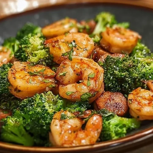 Low carb shrimp and broccoli stir-fry dish featuring fresh ingredients.