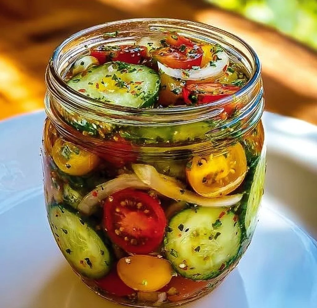 Marinated cucumbers with onions and tomatoes in a vibrant salad dish
