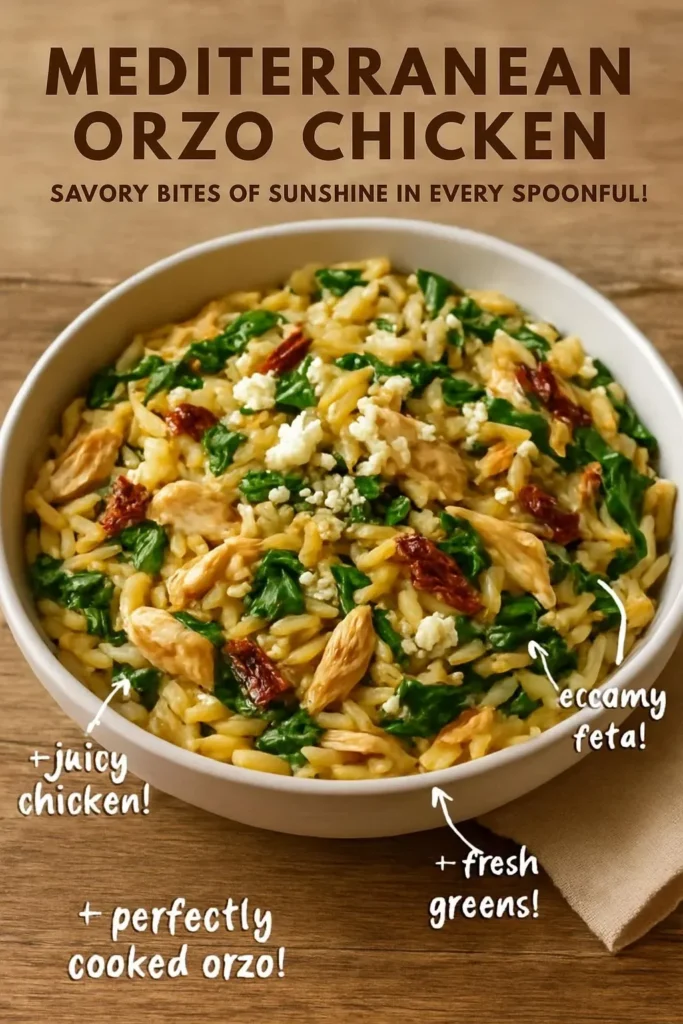 Meditteranean Orzo Chicken served with vegetables in a colorful bowl