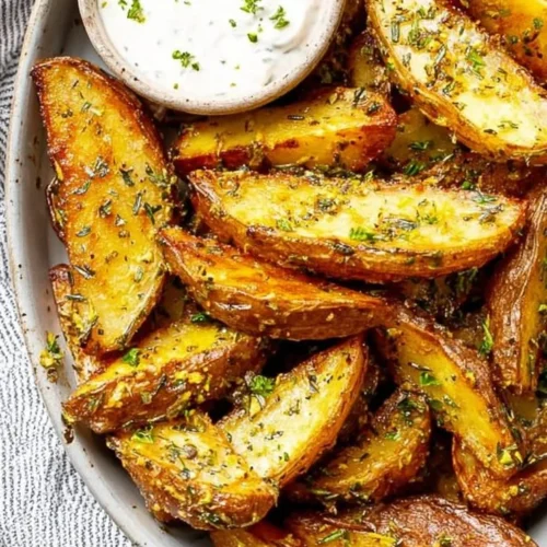 Crispy Mediterranean potato wedges garnished with herbs and spices.