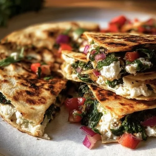 Mediterranean spinach feta quesadillas ready to eat, garnished with fresh herbs.