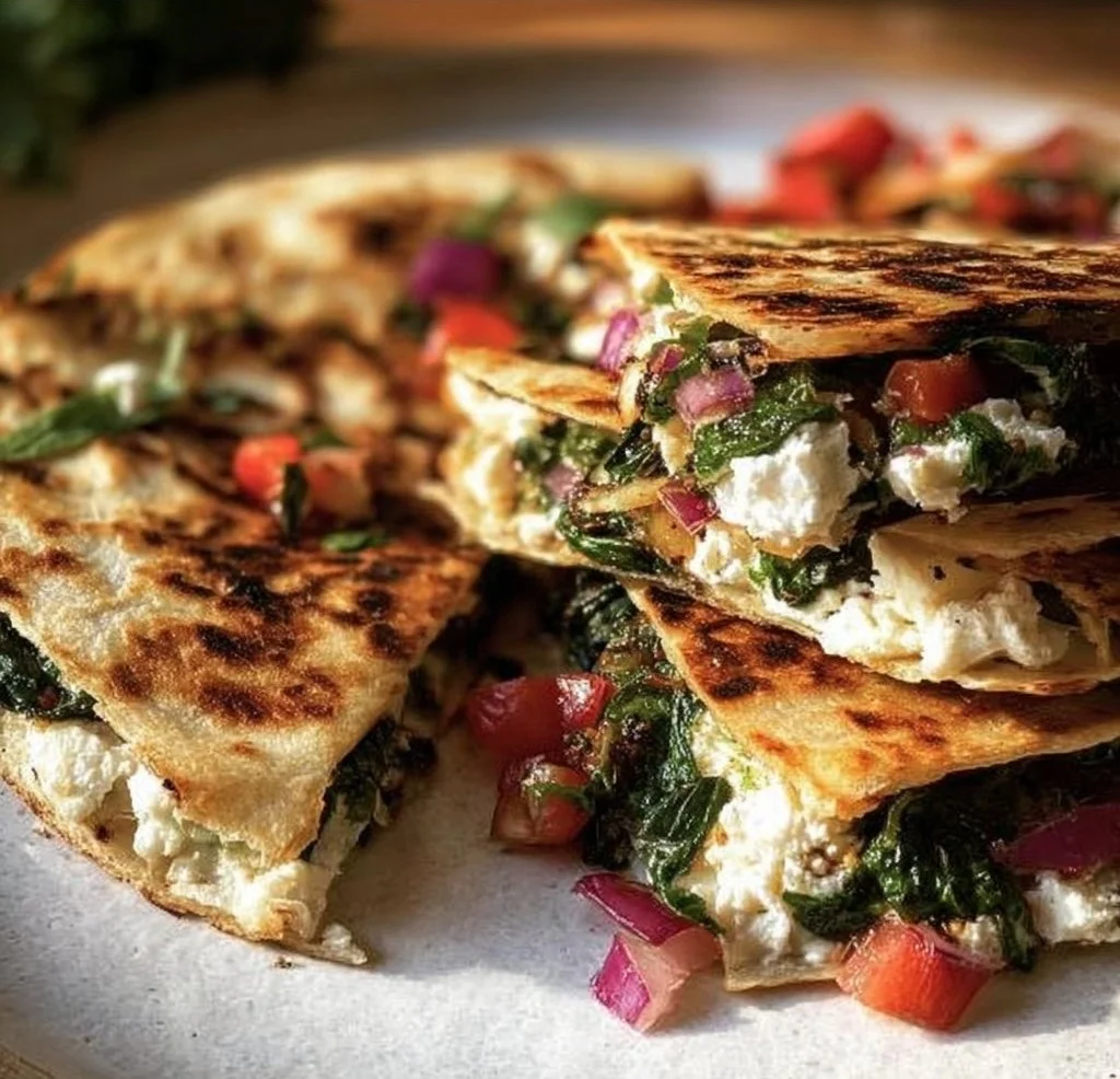 Mediterranean spinach feta quesadillas ready to eat, garnished with fresh herbs.