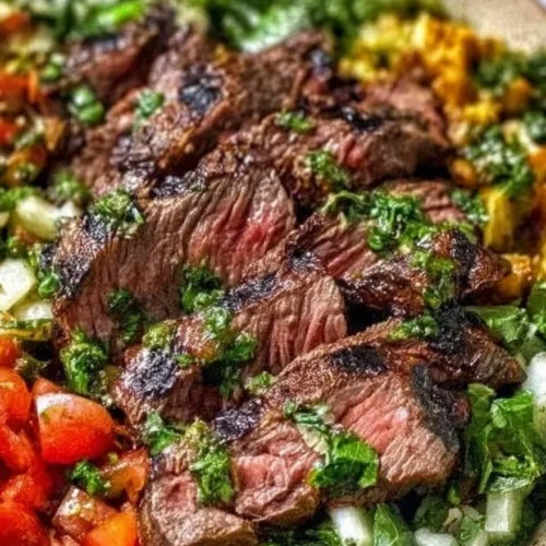 Delicious Mediterranean Steak Bowl with marinated steak and fresh vegetables