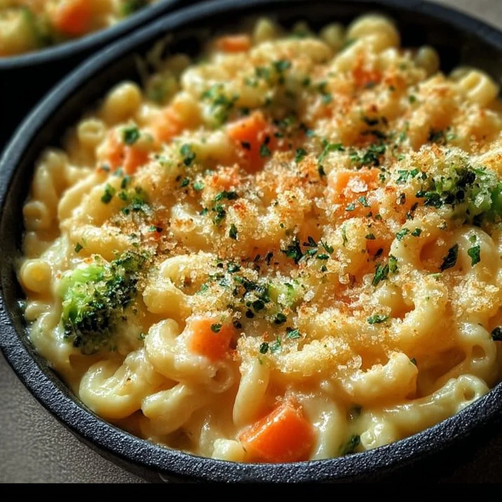 One Pot Veggie Mac and Cheese in a colorful bowl, topped with fresh herbs.