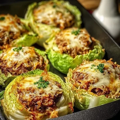 Oven-baked cabbage burgers served on a plate with fresh toppings