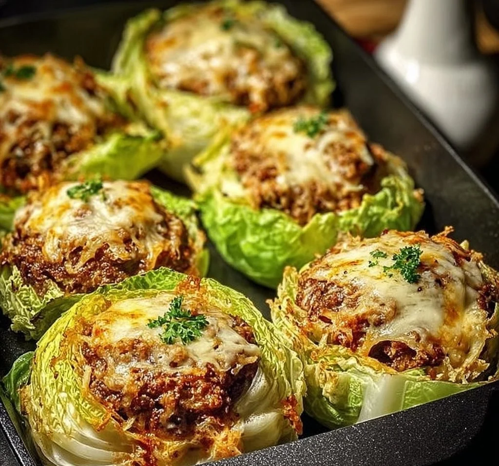 Oven-baked cabbage burgers served on a plate with fresh toppings