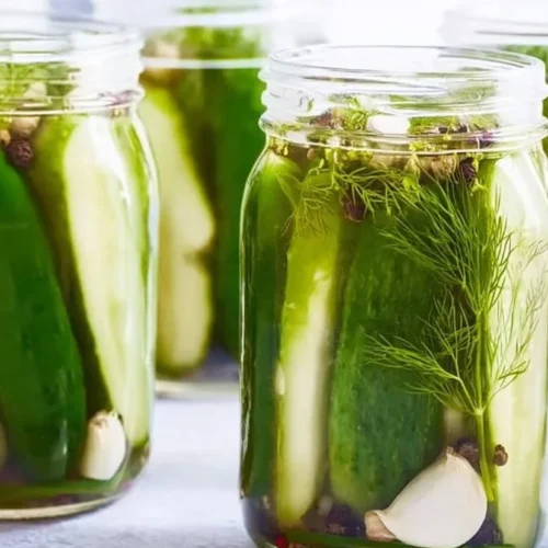 Jar of homemade overnight refrigerator dill pickles
