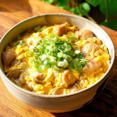 Delicious oyakodon chicken and egg rice bowl served with rice