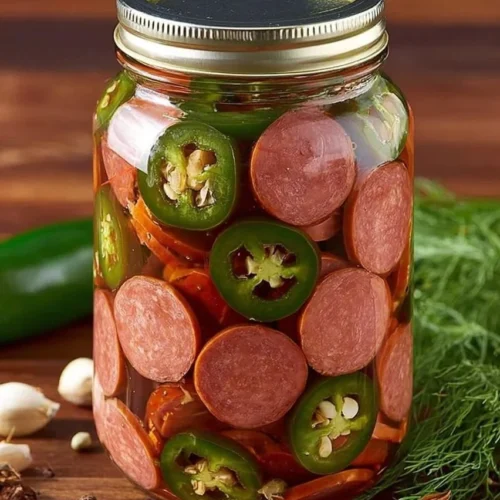 Homemade Penrose pickled sausage served on a platter