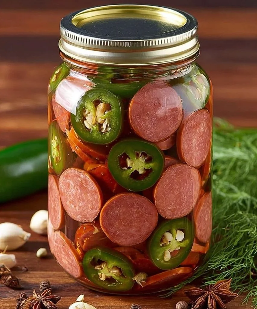 Homemade Penrose pickled sausage served on a platter