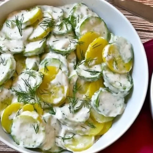 Delicious Pickle Juice Ranch Cucumber Salad in a glass bowl