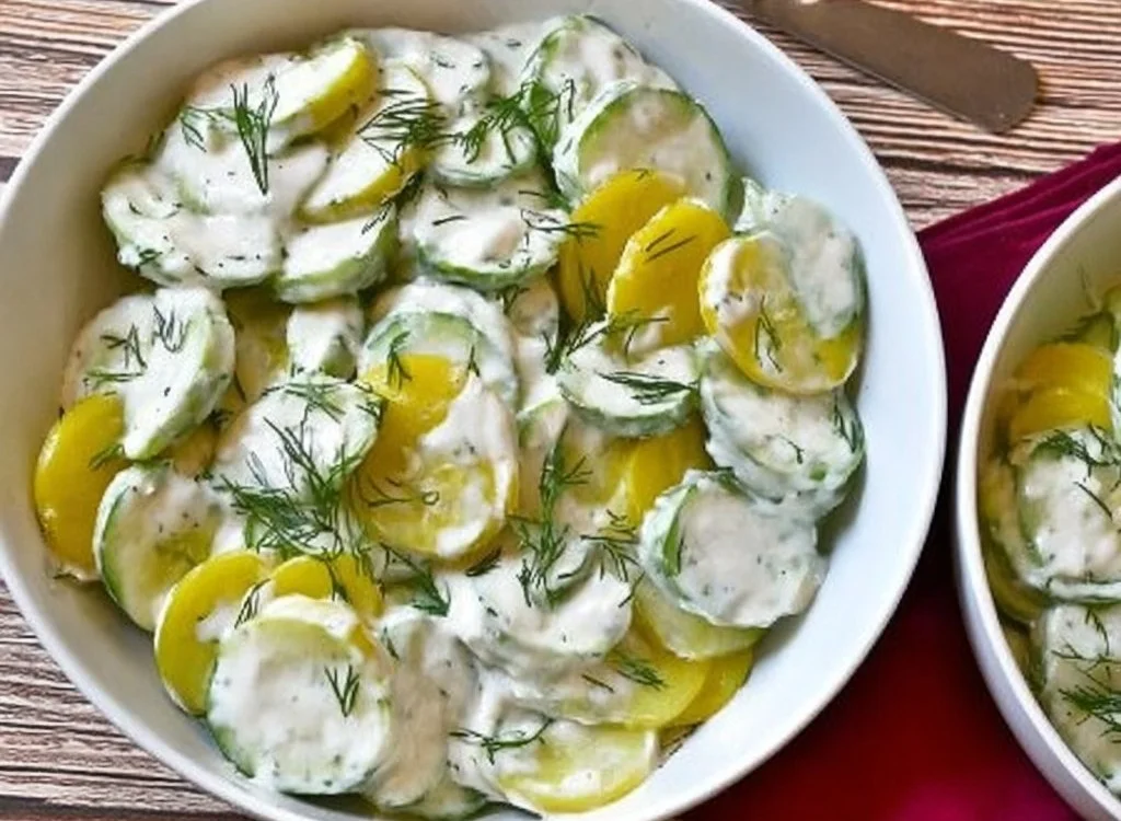 Delicious Pickle Juice Ranch Cucumber Salad in a glass bowl