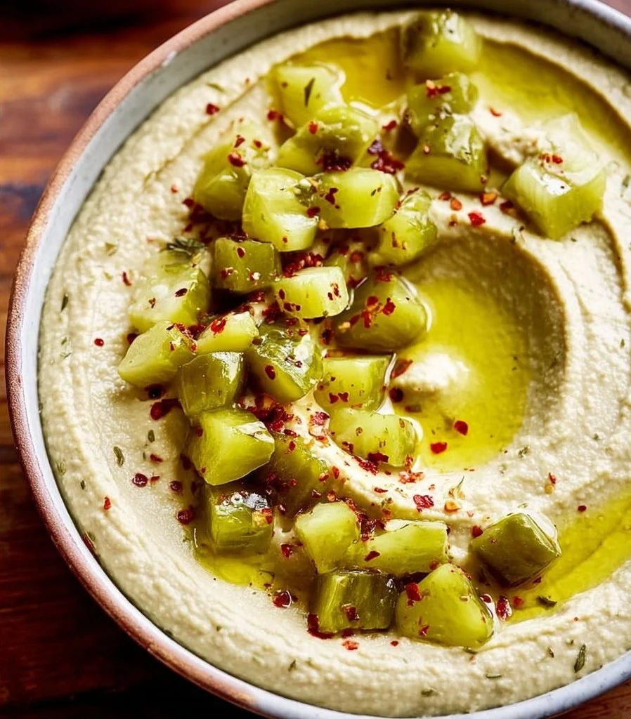 A bowl of Pickled Dill Hummus garnished with dill and served with pita bread