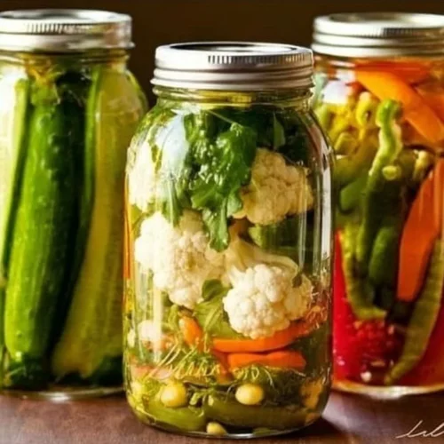 Colorful assortment of homemade pickled vegetables in jars