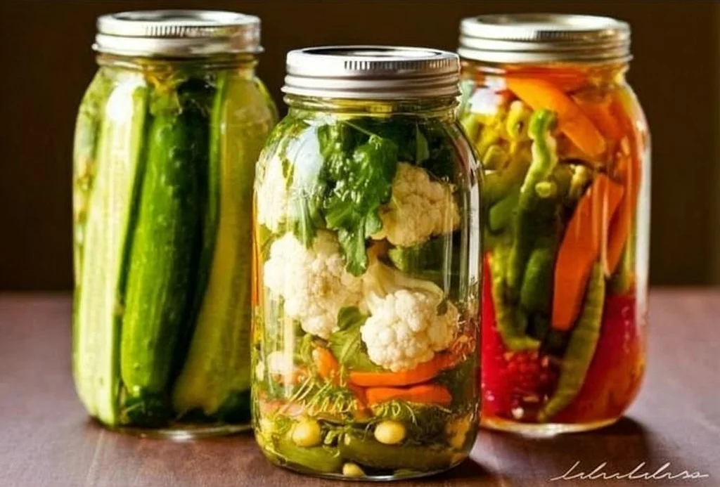 Colorful assortment of homemade pickled vegetables in jars