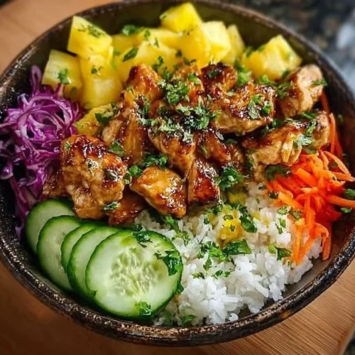 Delicious Pineapple Chicken Rice Bowl with chicken, rice, and pineapple chunks