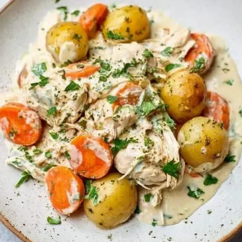 Plate of Ranch Chicken with mixed veggies and cottage cheese for a nutritious meal
