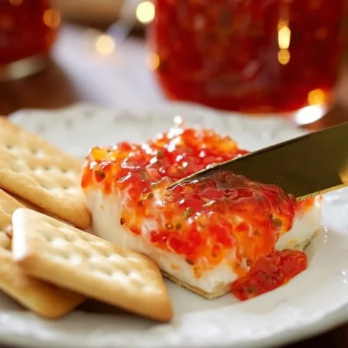 Homemade red pepper jelly served as a holiday appetizer