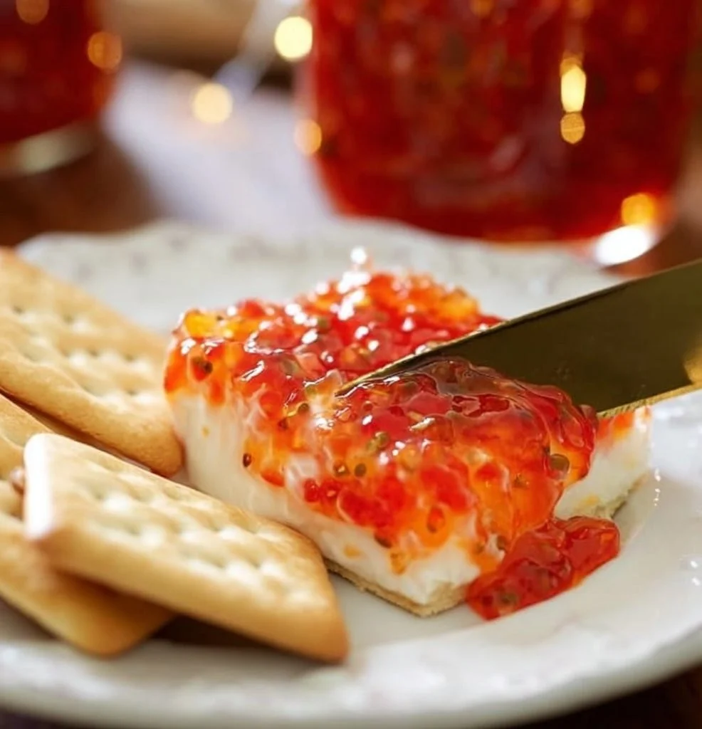 Homemade red pepper jelly served as a holiday appetizer