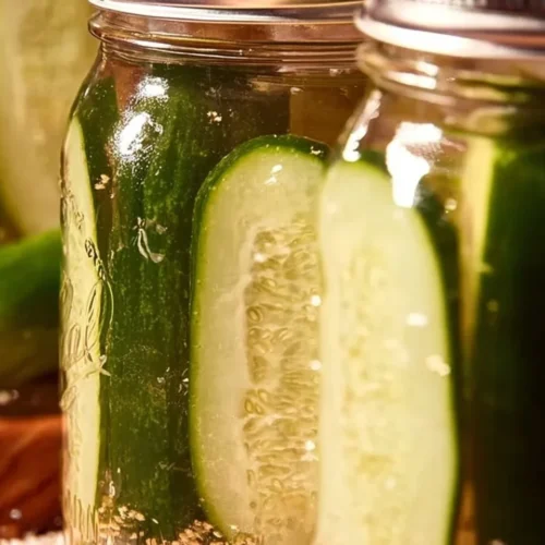 Freshly made Refrigerator Kosher Dill Pickles in a jar.