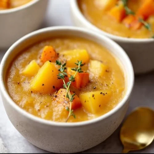 Delicious bowl of roasted vegetable soup with fresh herbs and colorful vegetables