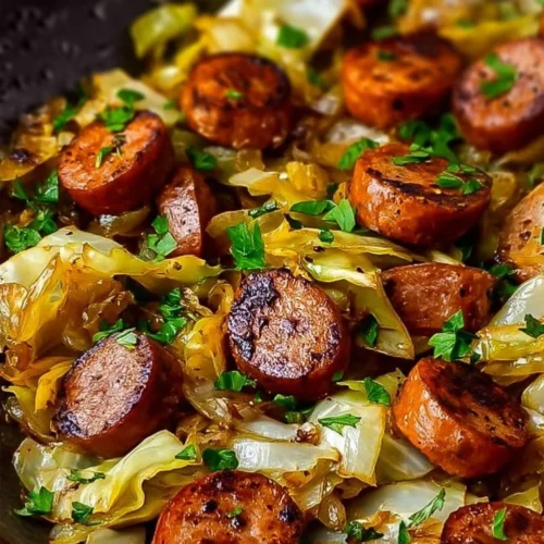 Sausage and cabbage stir fry served in a colorful bowl