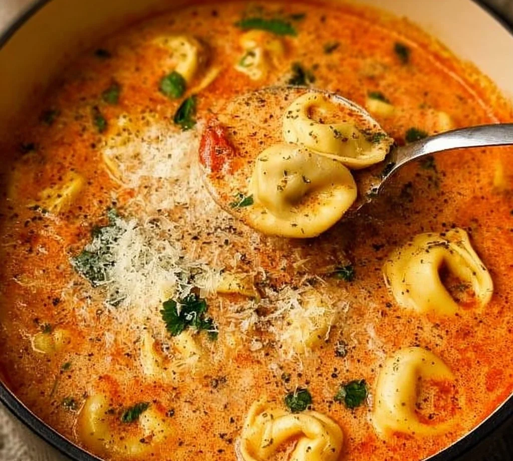 Bowl of simple Tomato Tortellini Soup garnished with fresh basil.