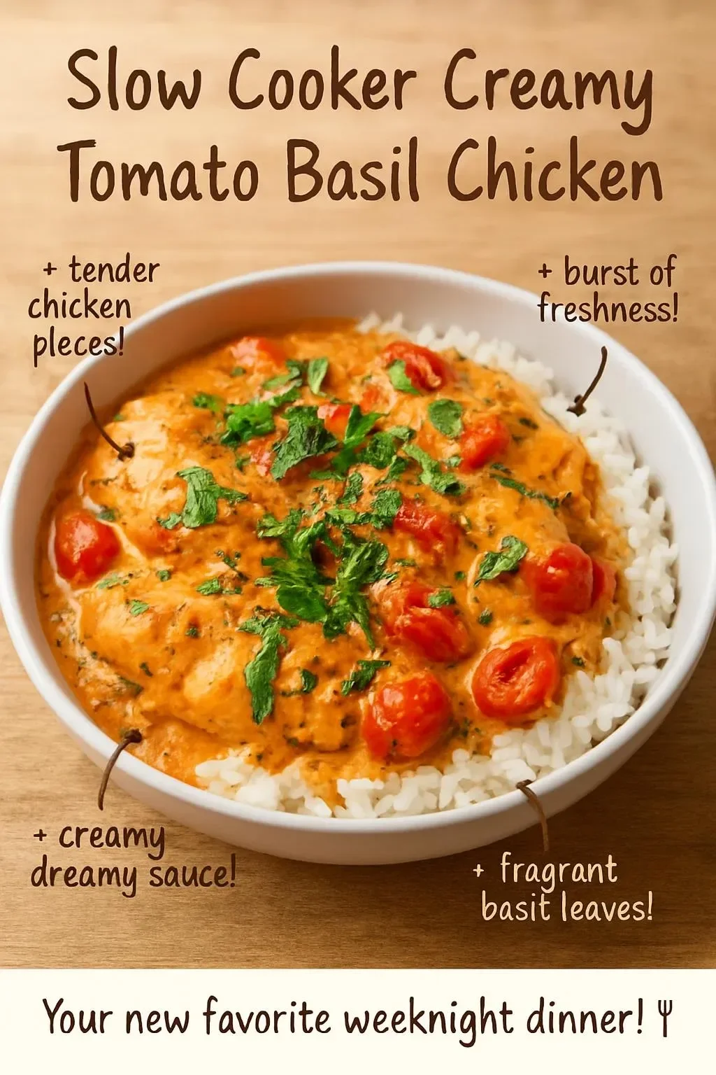 A hearty bowl of slow cooker creamy tomato basil chicken garnished with fresh basil.