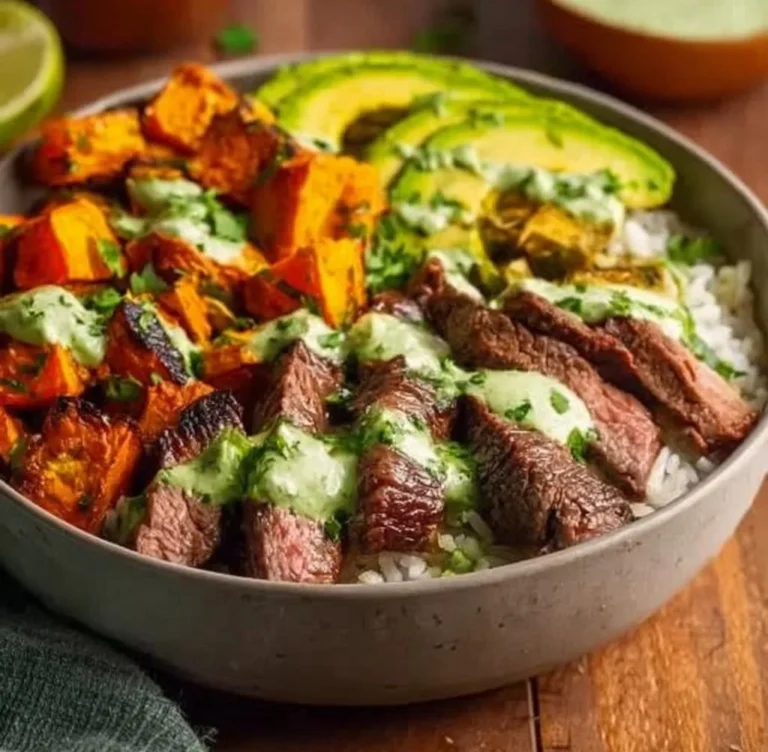 Steak and Sweet Potato Bowls with Avocado-Cilantro Drizzle