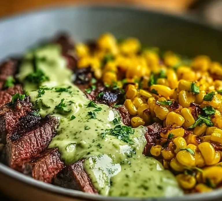 Steak, Avocado, and Roasted Corn Bowl with Cilantro Cream Sauce