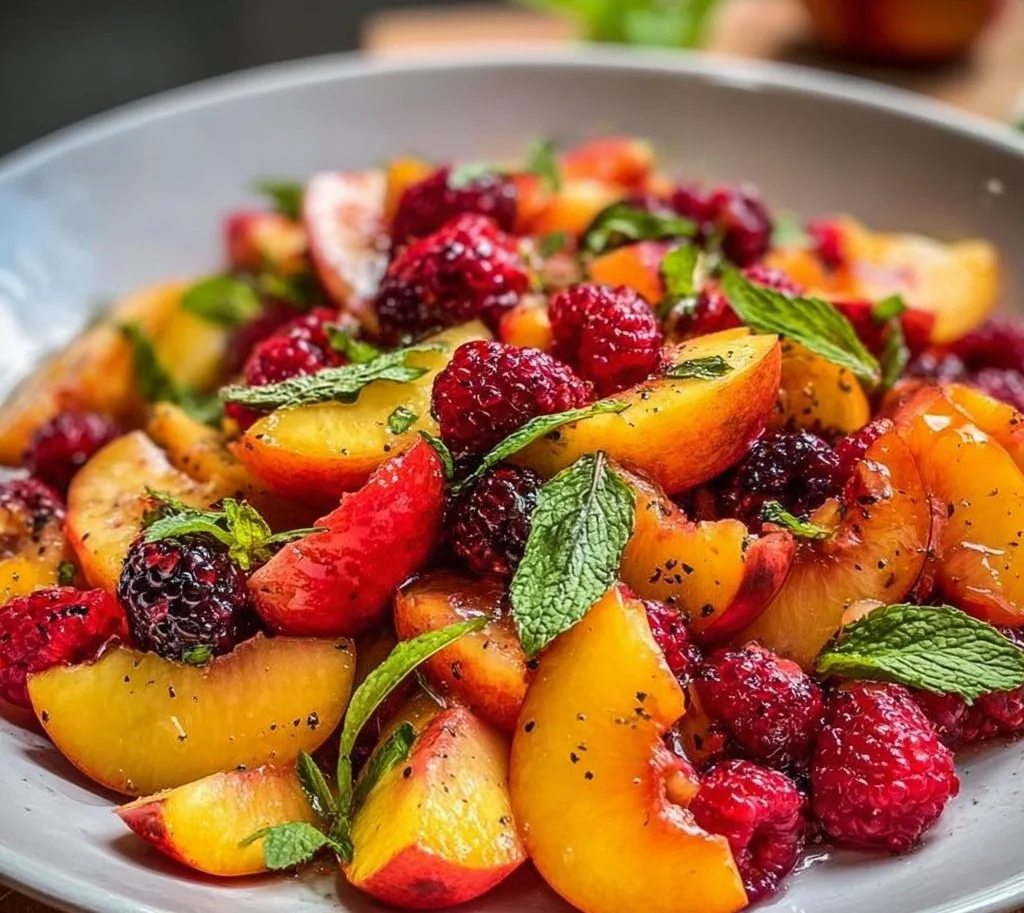 Delicious summer peach fruit salad with fresh peaches and mixed fruits