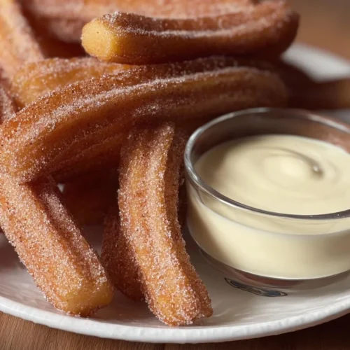 Delicious vanilla churros drizzled with rich white chocolate sauce